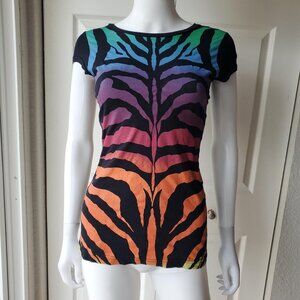 Y2k Black Short Sleeve Shirt Rainbow Tiger Print